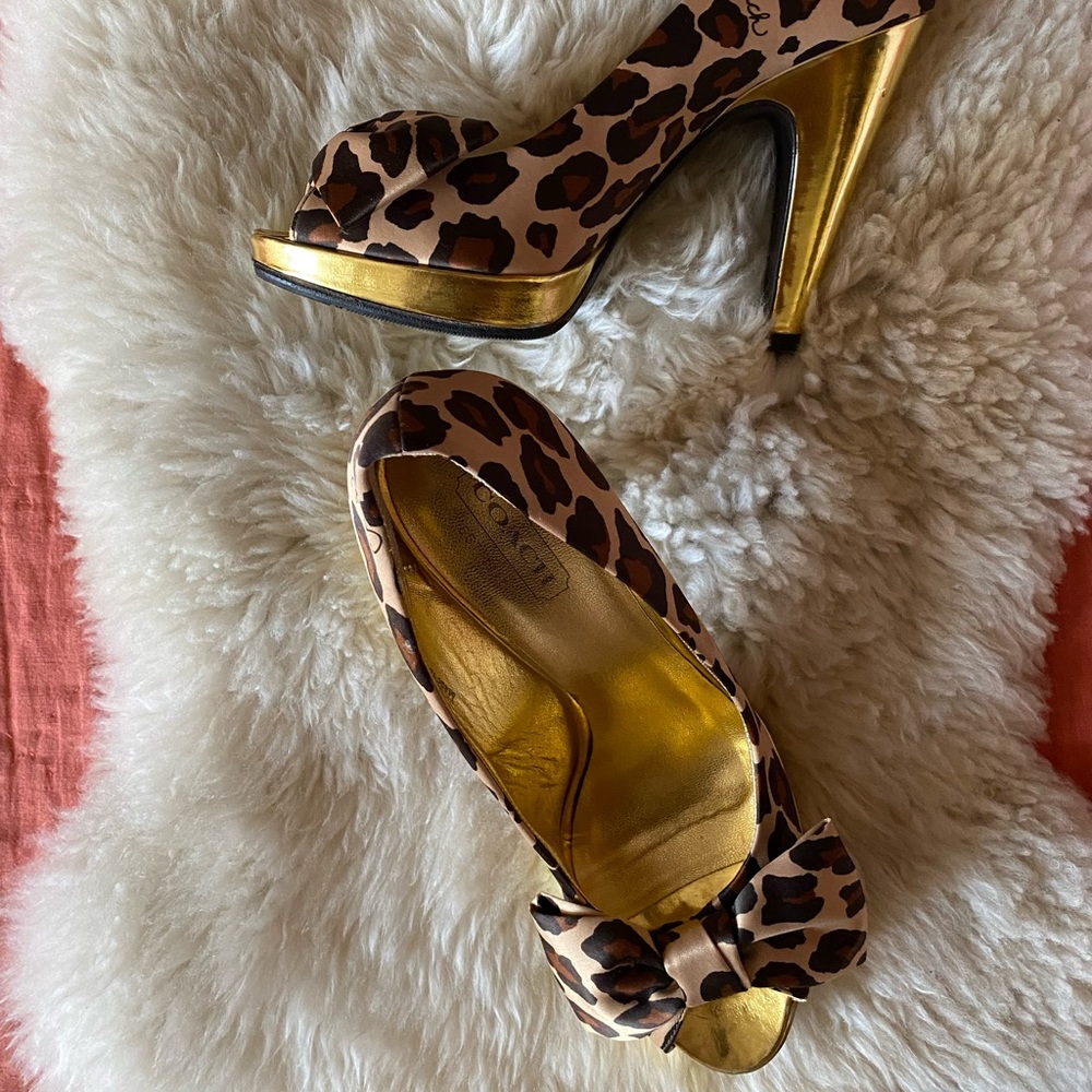 COACH Daisey leopard print satin bow heels